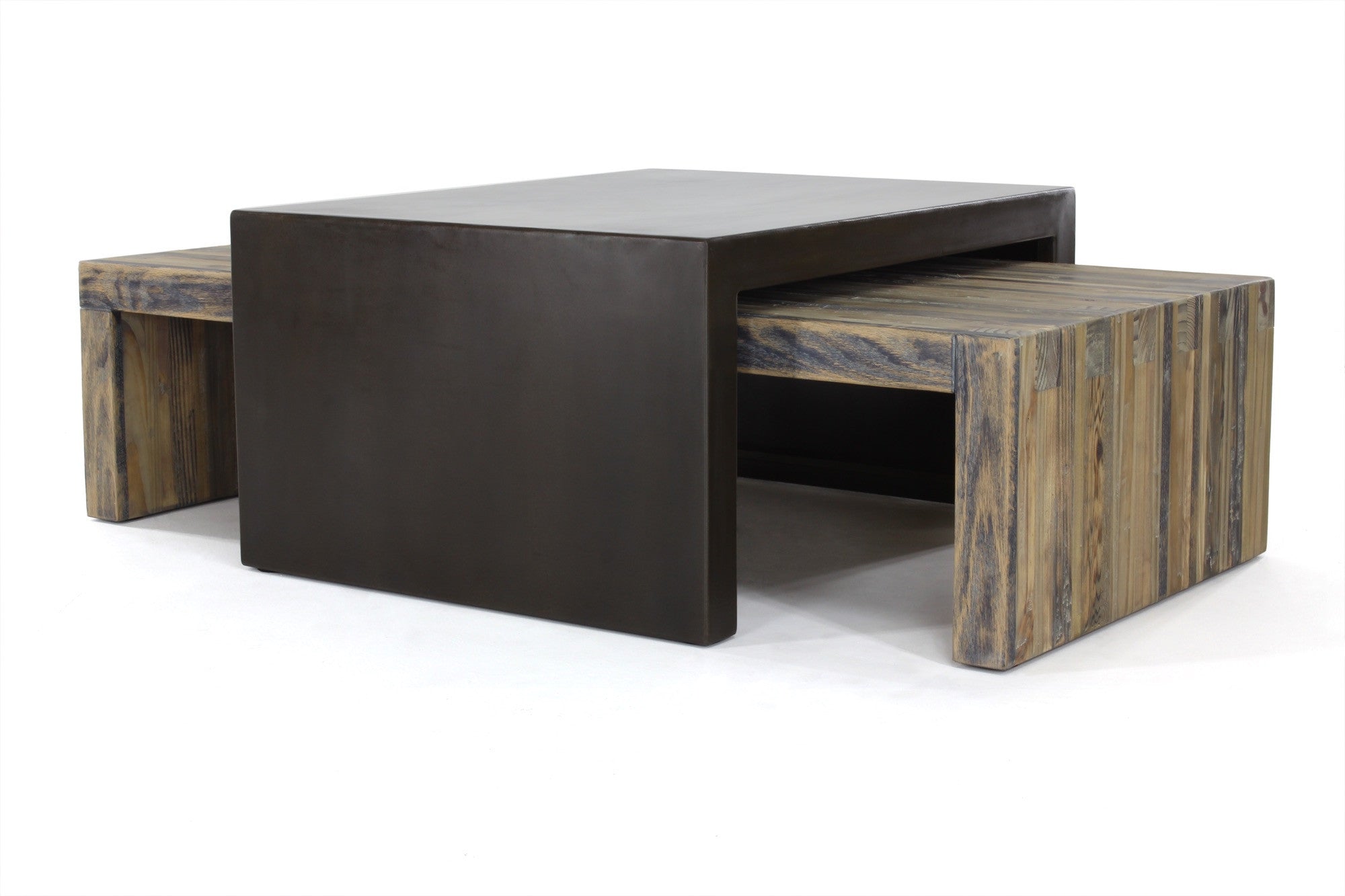 bento coffee table (small set) | aged wood with waxed steel