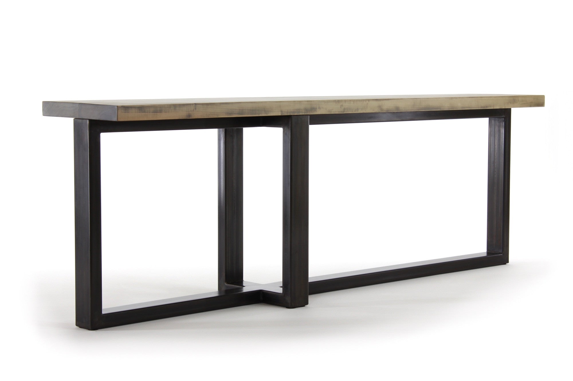 8' concord console table | worn maple wood finish with waxed steel