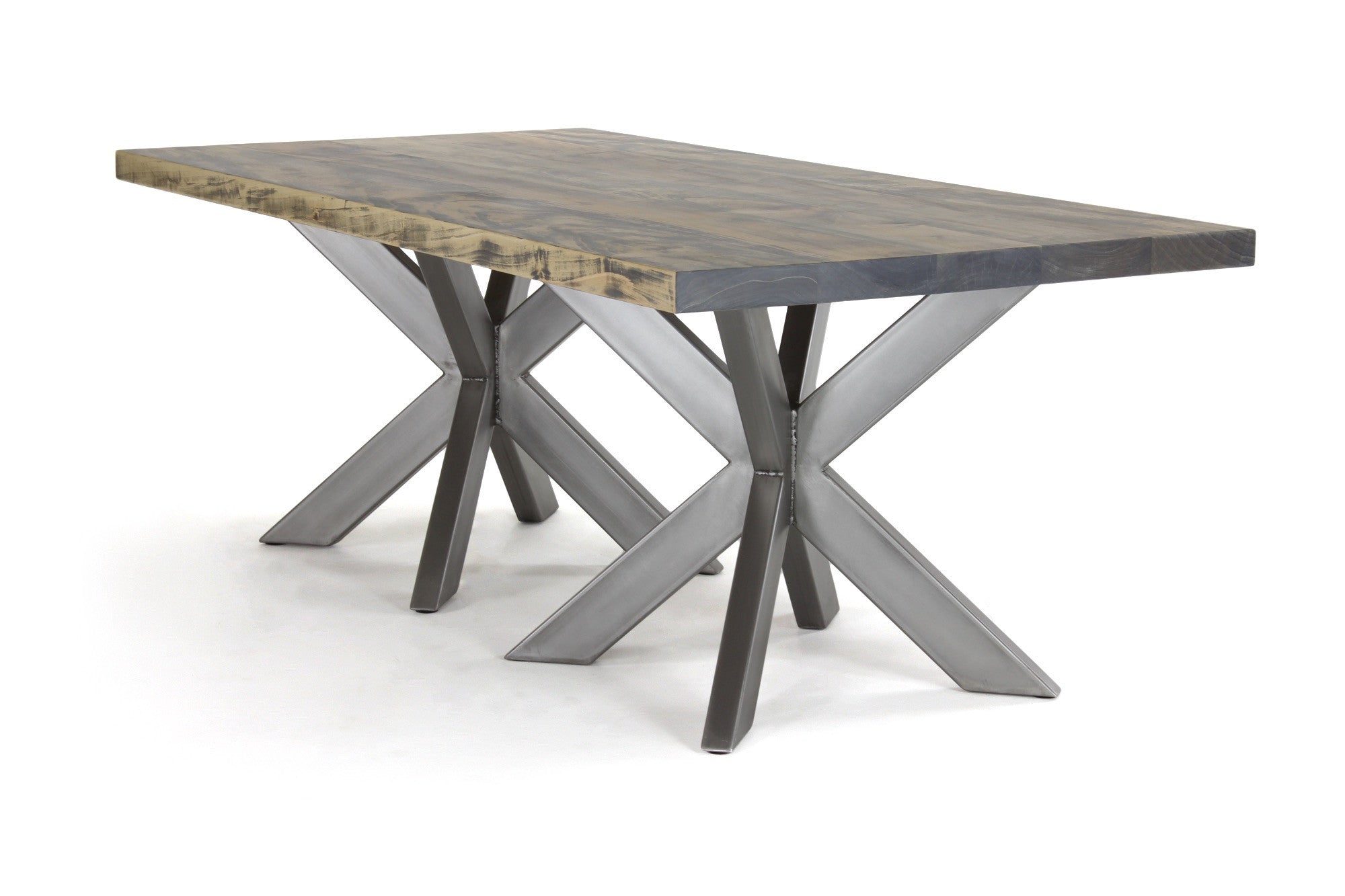7' double jak dining table | worn maple wood finish with stainless steel