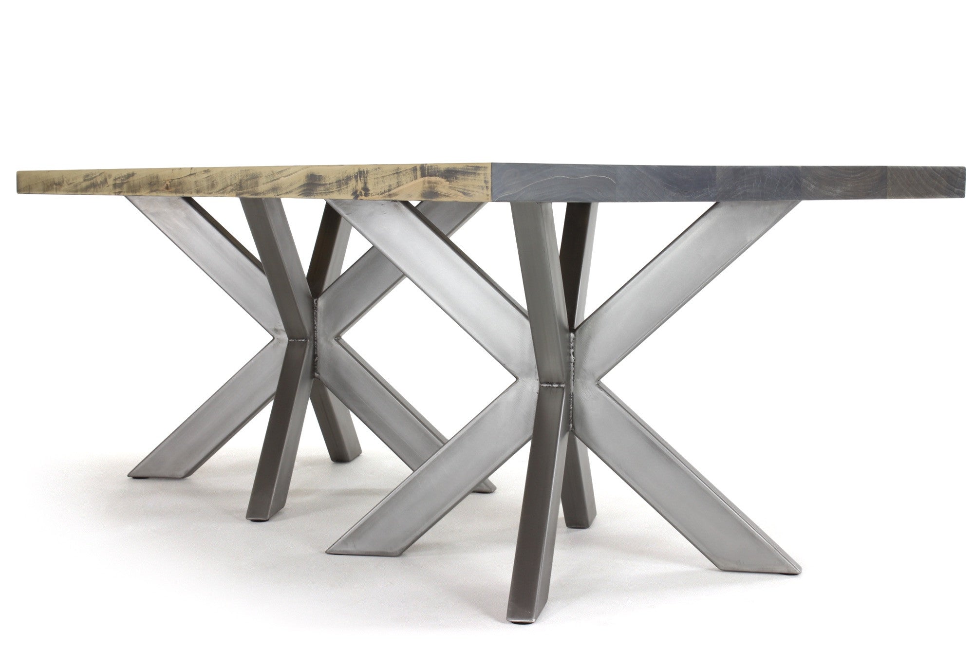 7' double jak dining table | worn maple wood finish with stainless steel