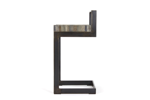 the highline counter stool | aged multi-species wood finish with waxed steel