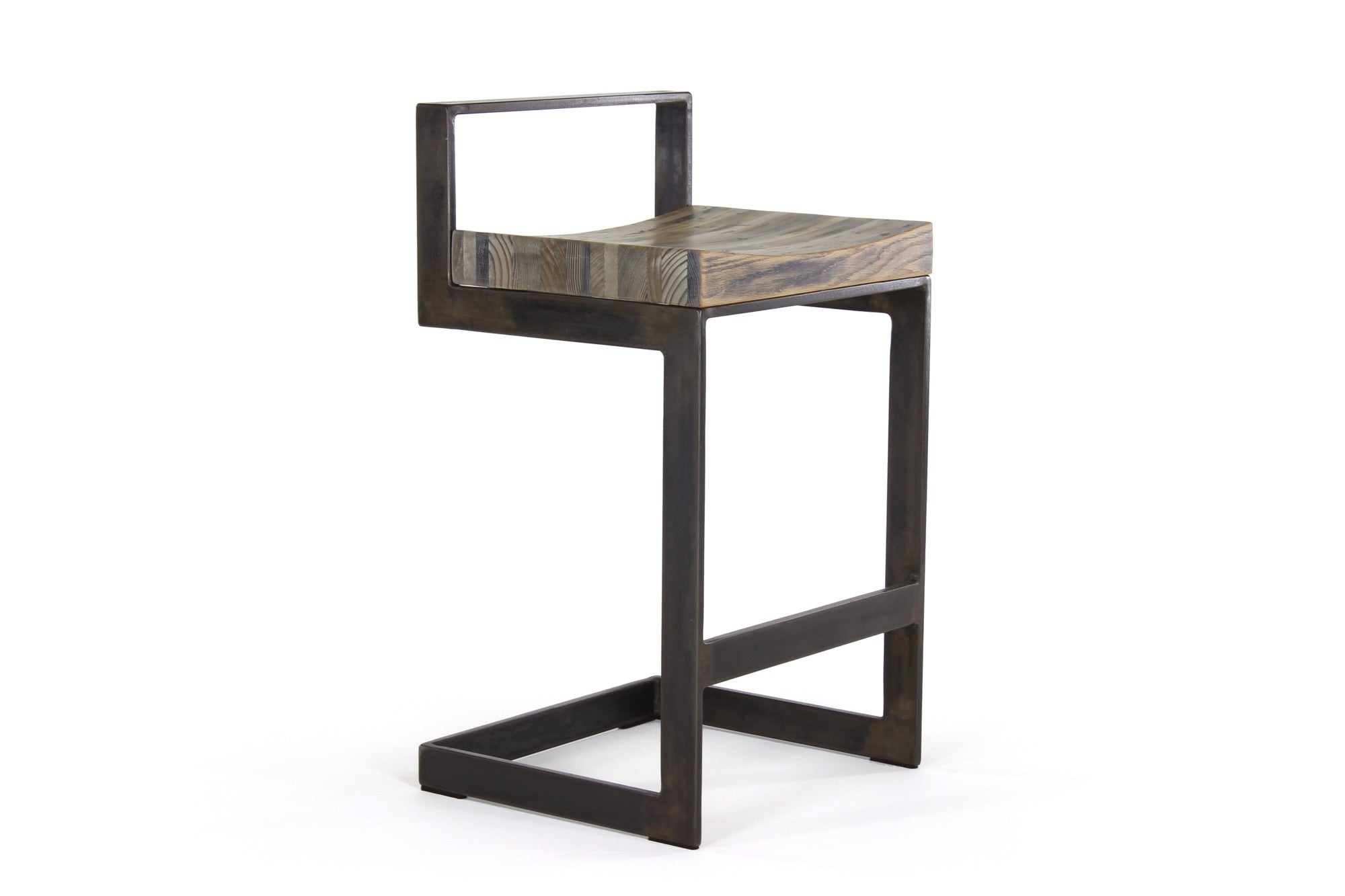 the highline bar stool | aged multi-species wood finish with waxed steel