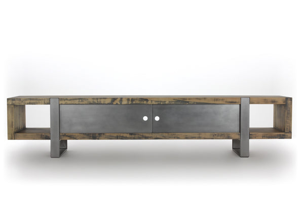 8' media console | worn maple wood finish with stainless steel