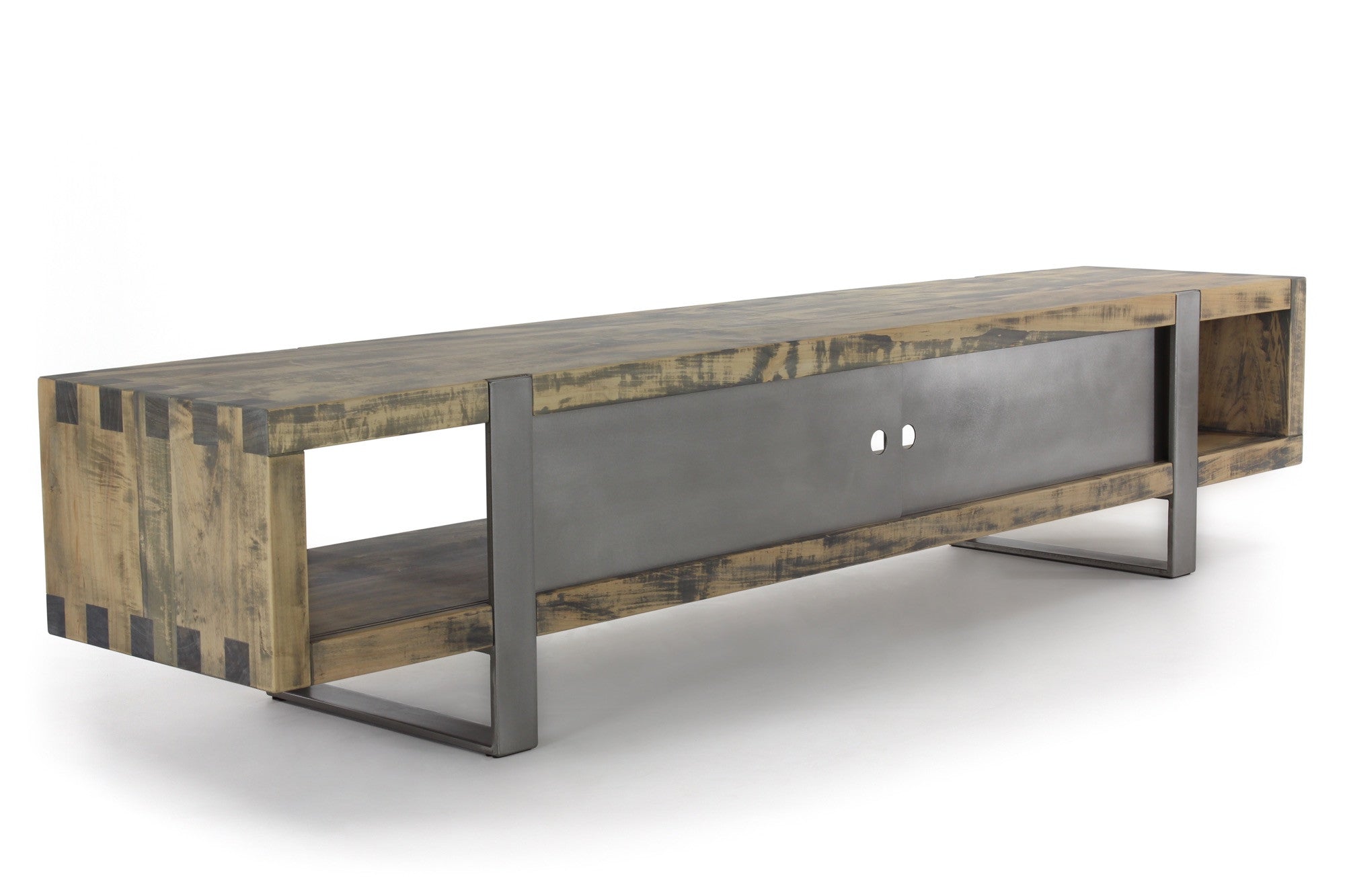 8' media console | worn maple wood finish with stainless steel