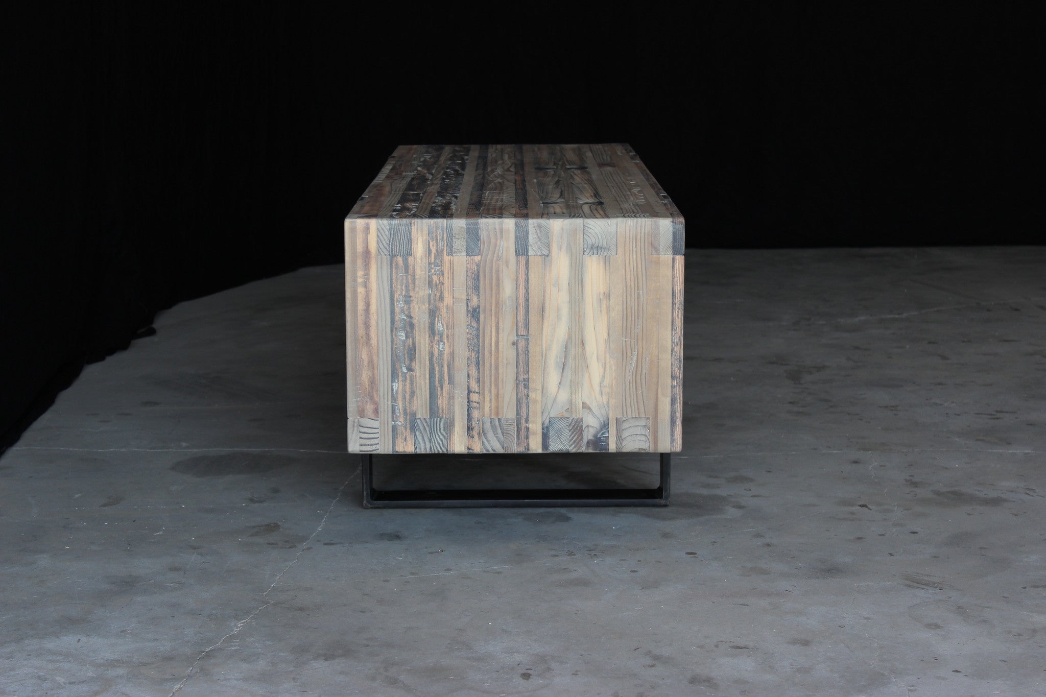 5' media console | aged wood finish with waxed steel