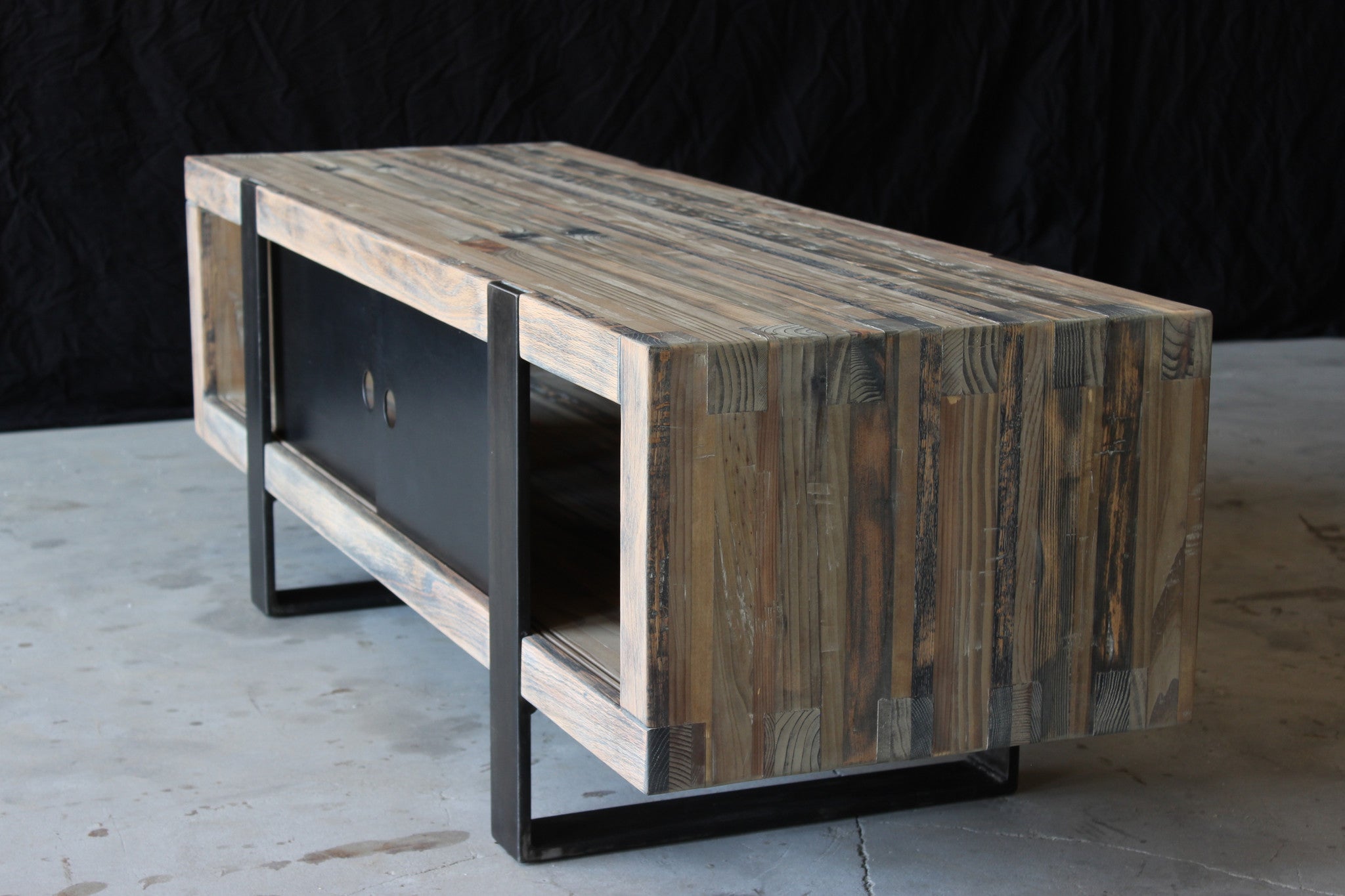 5' media console | aged wood finish with waxed steel