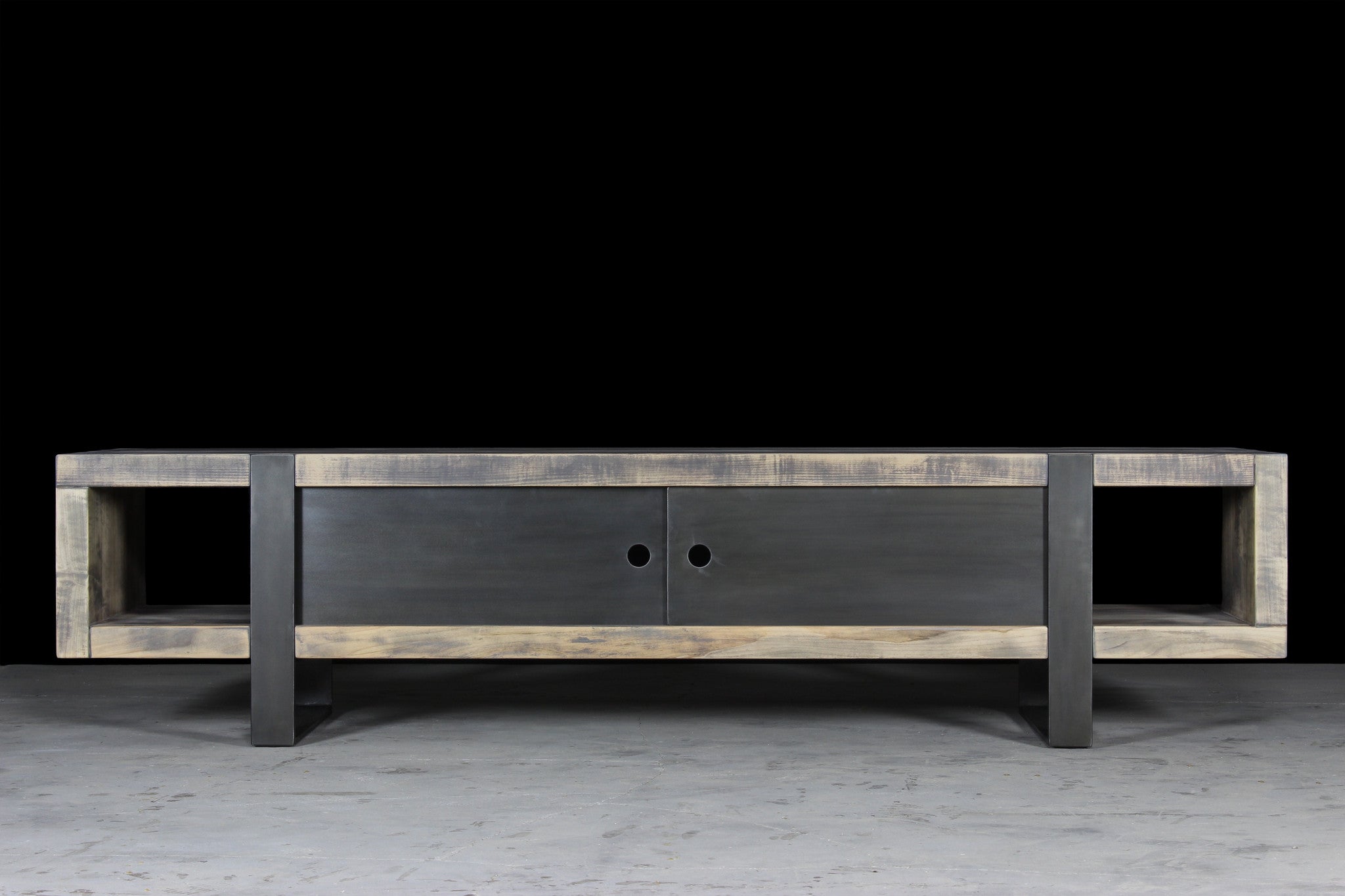 7' media console | worn maple wood finish with waxed steel