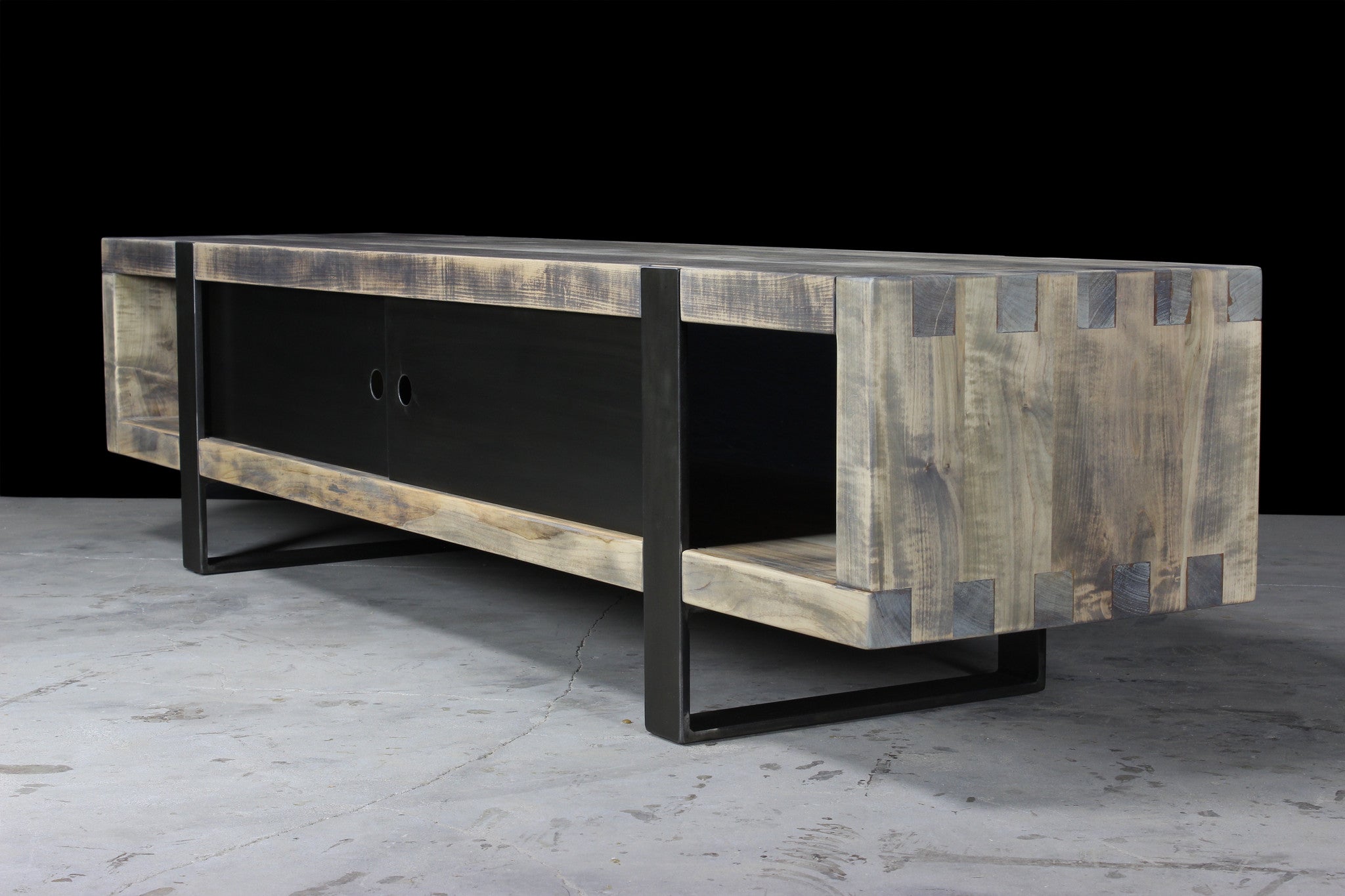 7' media console | worn maple wood finish with waxed steel