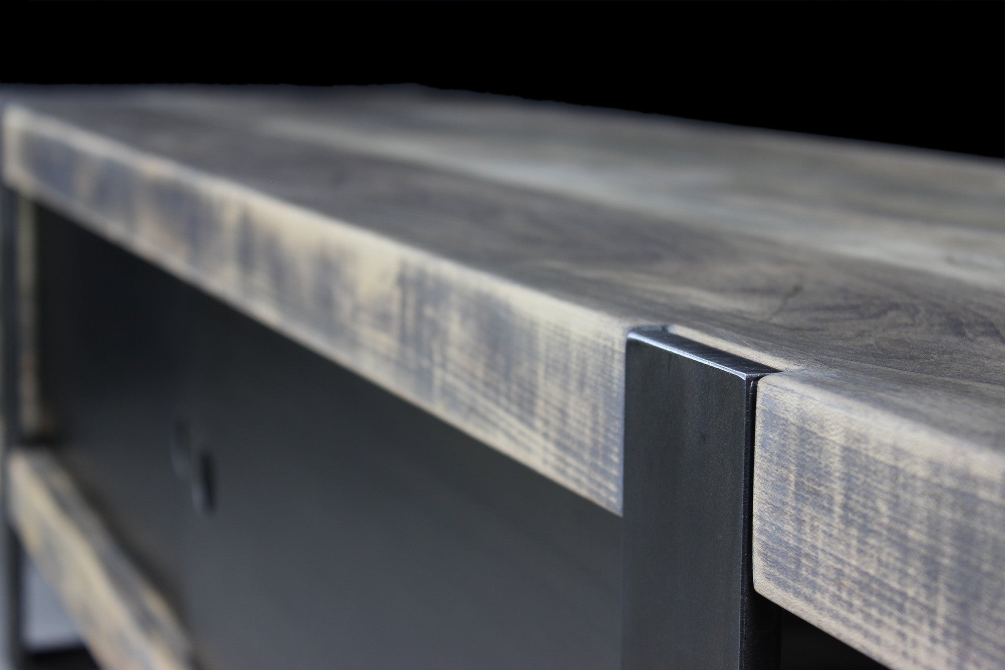 7' media console | worn maple wood finish with waxed steel