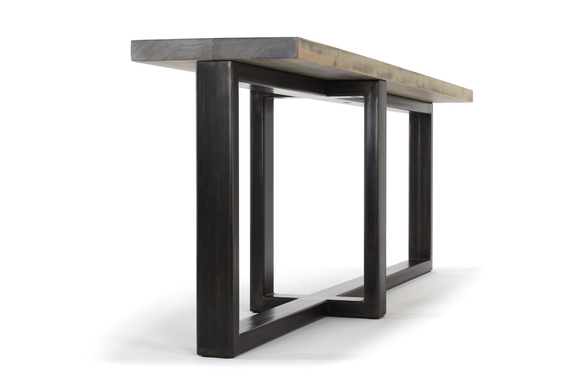 8' concord console table | worn maple wood finish with waxed steel