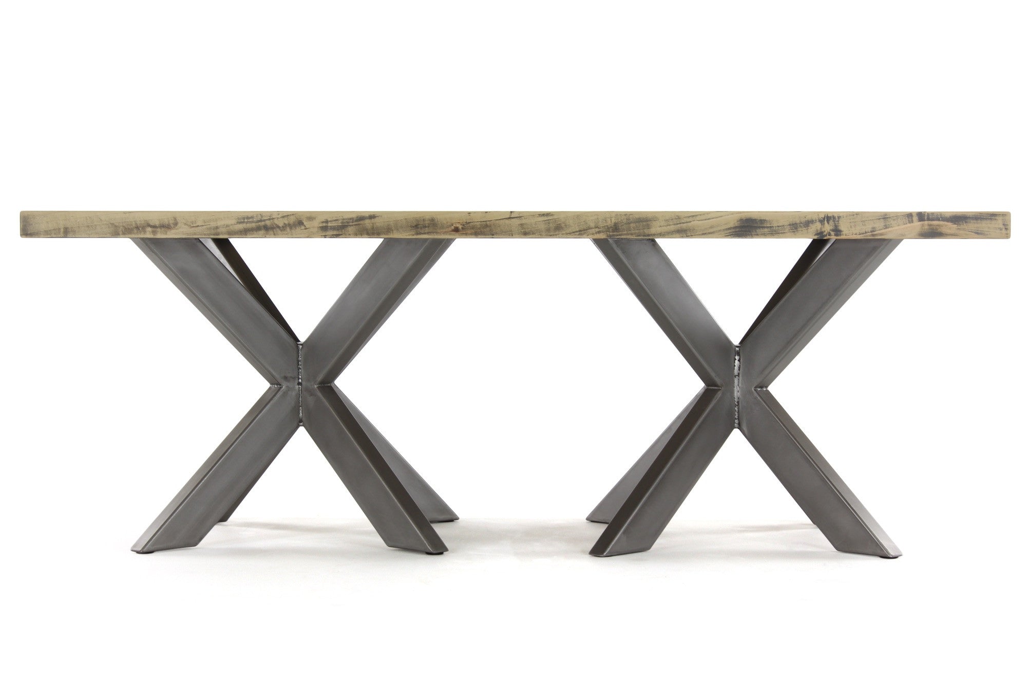 7' double jak dining table | worn maple wood finish with stainless steel