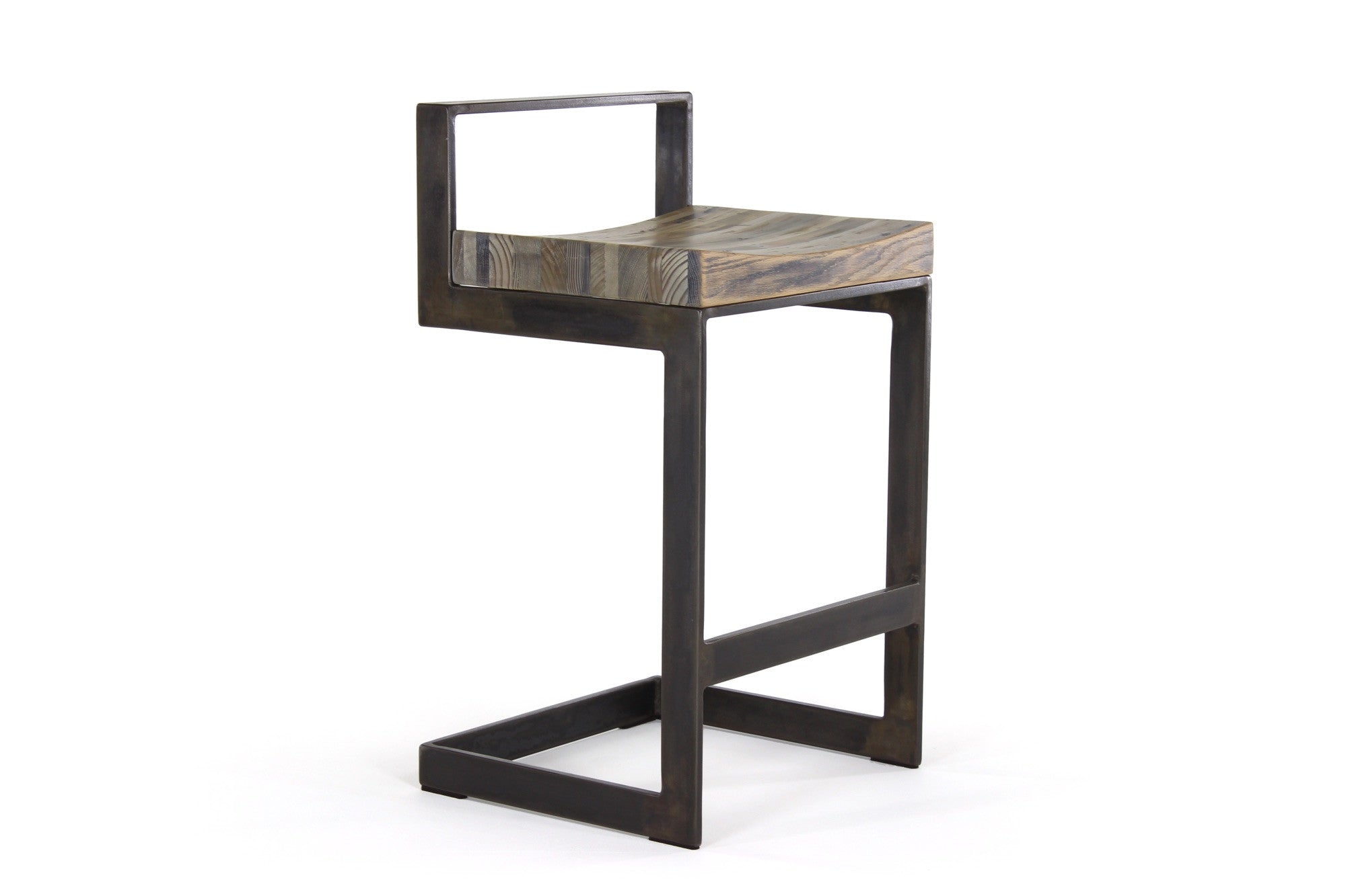 the highline counter stool | aged multi-species wood finish with waxed steel