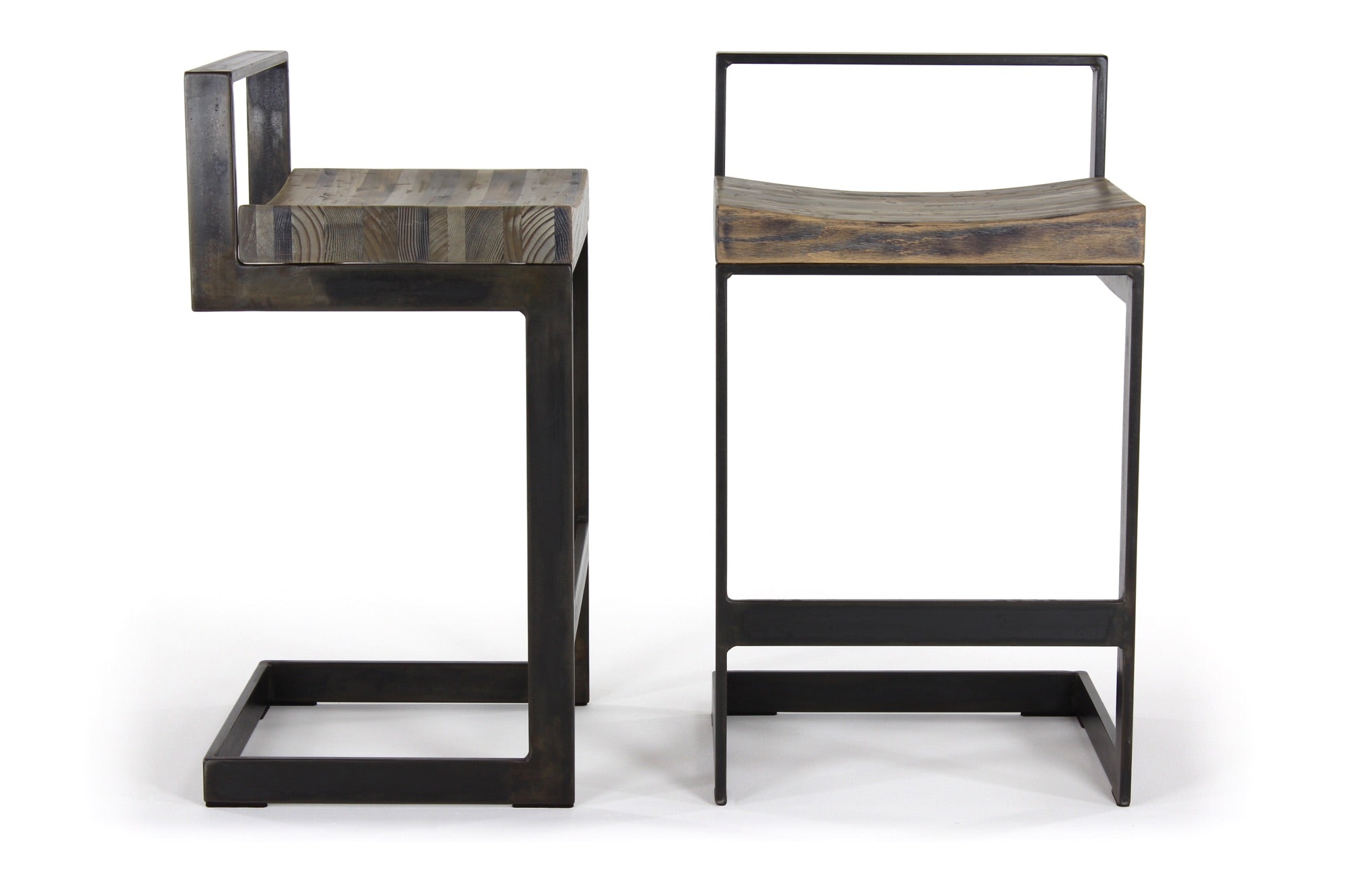 the highline bar stool | aged multi-species wood finish with waxed steel