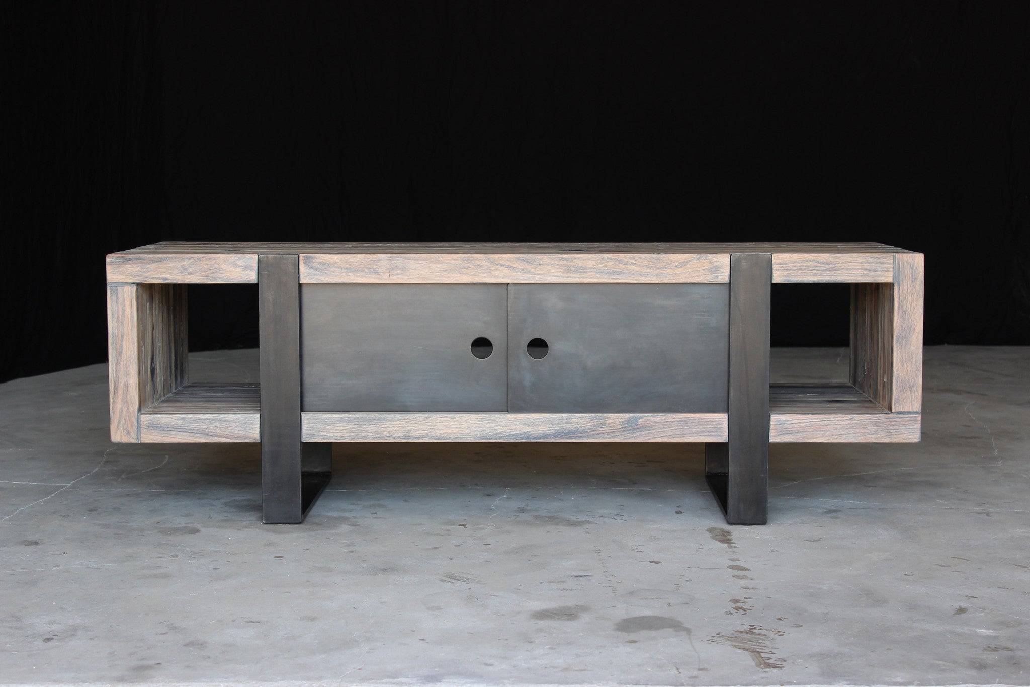 5' media console | aged wood finish with waxed steel