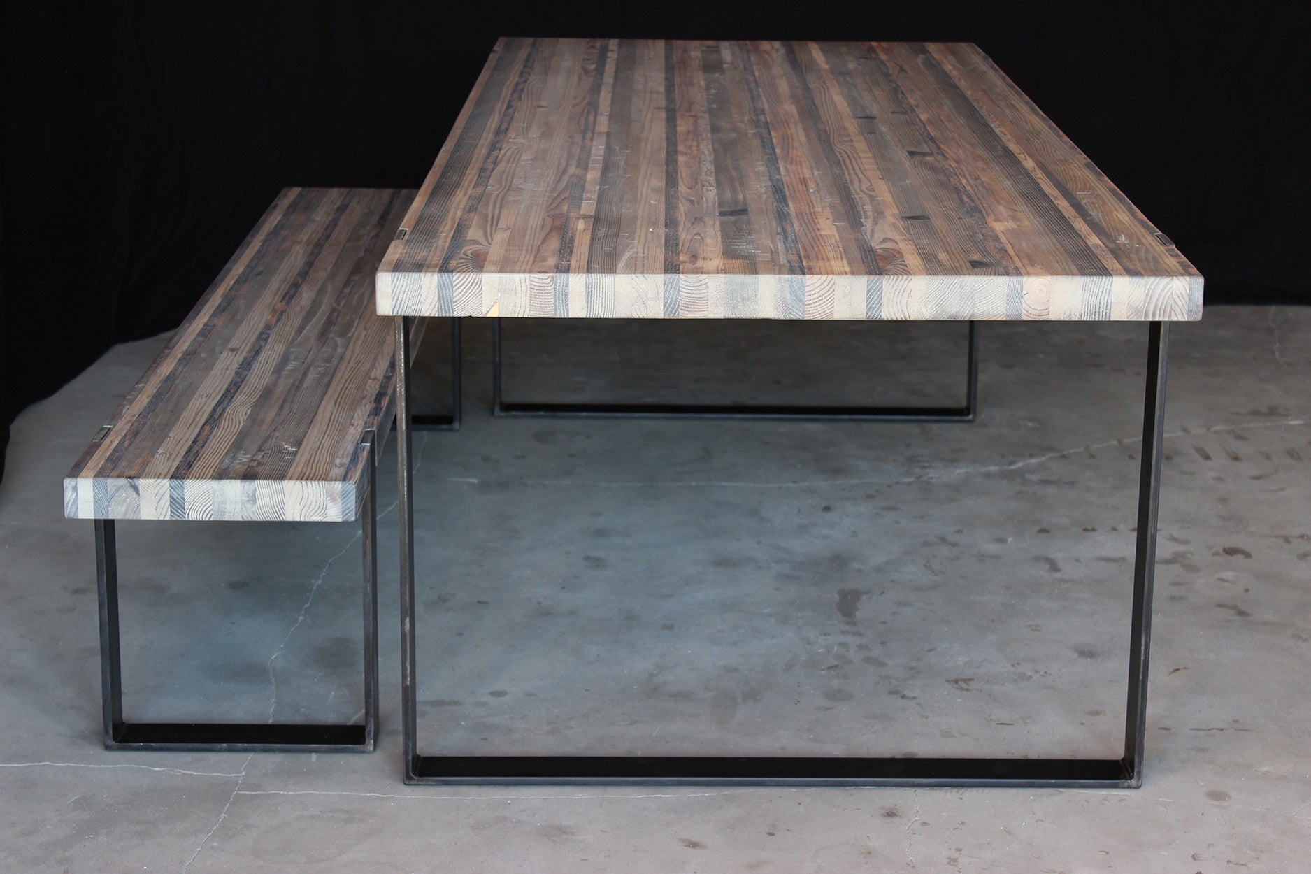 8' original dining table | aged wood finish with waxed steel