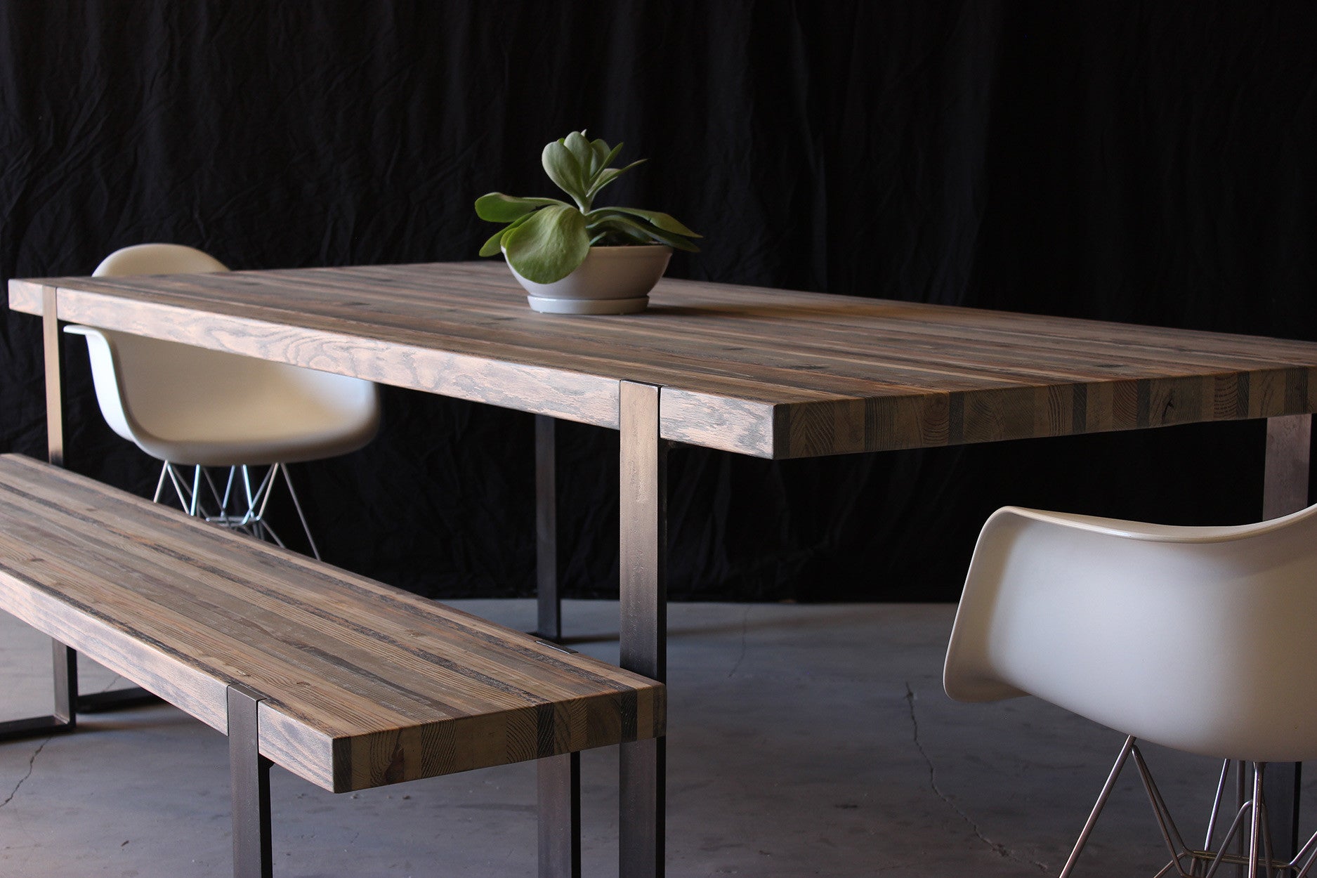 8' original dining table | aged wood finish with waxed steel